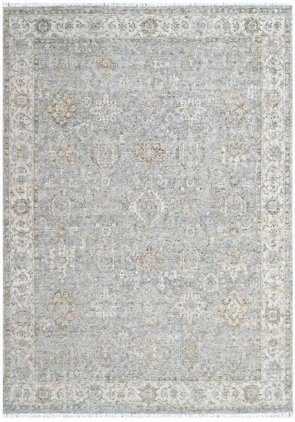 Pastel Blue Silver Hand Knotted Distressed Traditional Wool Rug