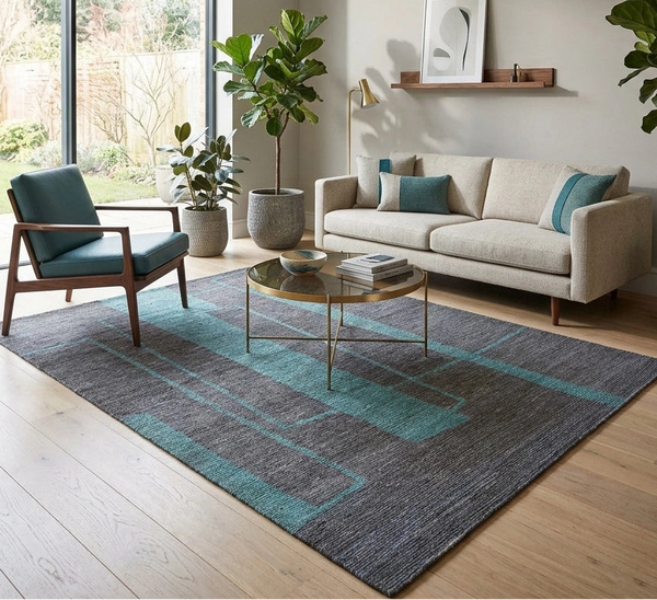 Midnight Teal Lines HandKnotted Jute Organic Rug