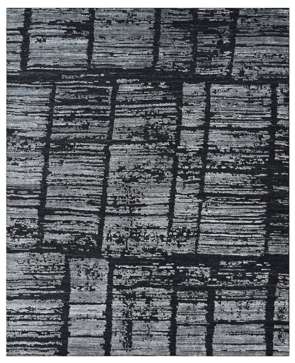Black Grey Hand Knotted Abstract Geometric Bamboo Silk Rug