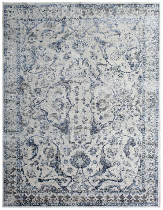 Beige Blue Hand Knotted Distressed Oushak Wool Area Rug