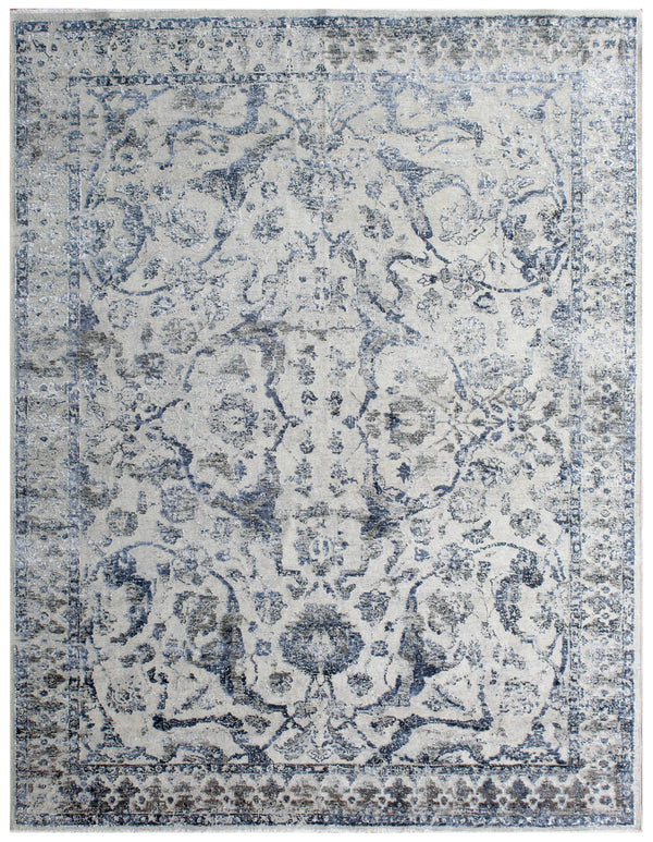 Beige Blue Hand Knotted Distressed Oushak Wool Area Rug