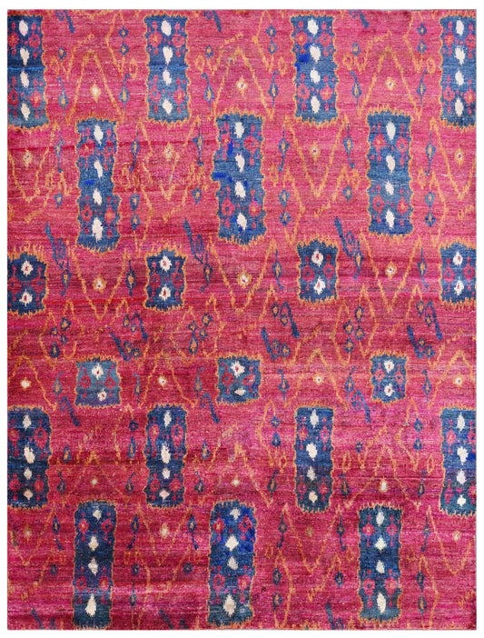 Red Magenta Ikat Hand Knotted Silk Area Rug