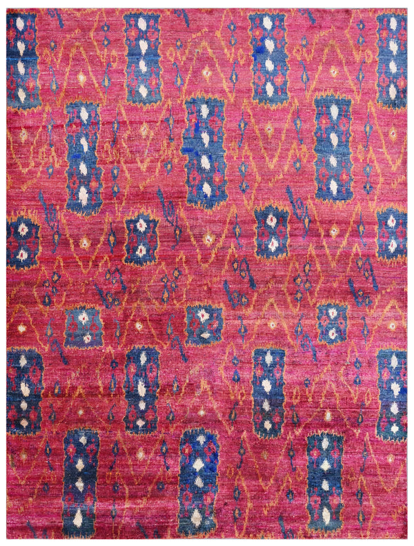 Red Magenta Ikat Hand Knotted Silk Area Rug