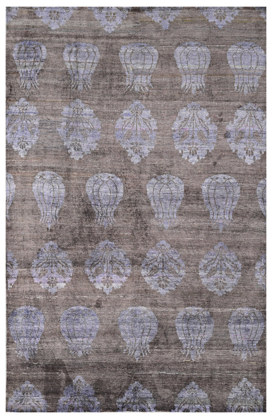 Brown Silver Traditional Hand Knotted Silk Area Rug