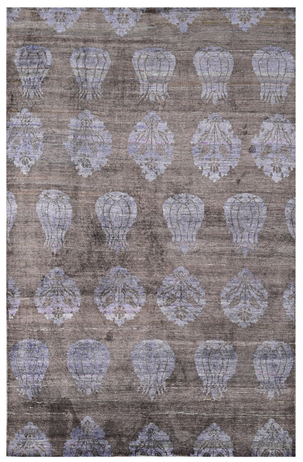 Brown Silver Traditional Hand Knotted Silk Area Rug