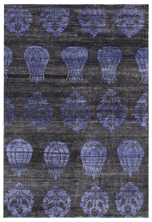 Grey Blue Traditional Hand Knotted Silk Area Rug