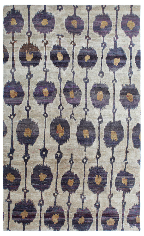 Grey Dark Grey Ikat Circular Hand Knotted Silk Area Rug
