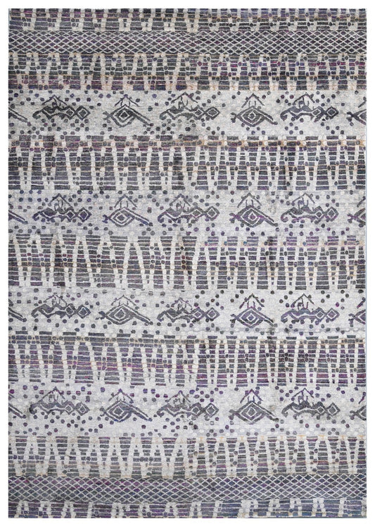 Silver Grey Tribal Geometric Hand Knotted Silk Area Rug