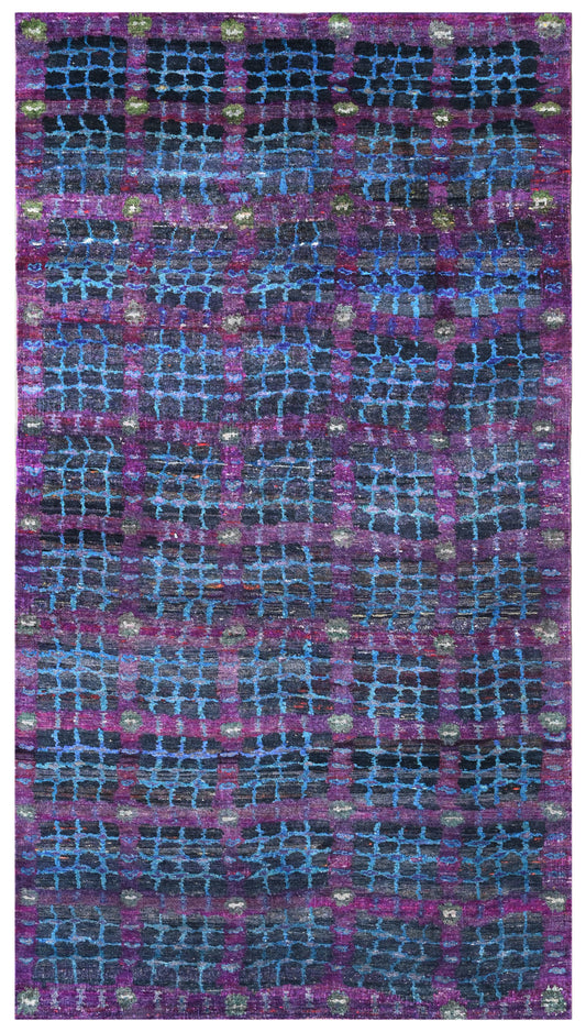 Blue Purple Geometric Grid Hand Knotted Silk Area Rug