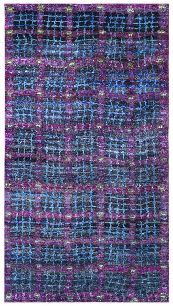 Blue Purple Geometric Grid Hand Knotted Silk Area Rug