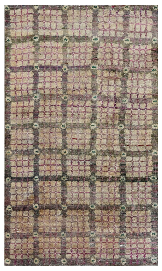 Brown Red Geometric Grid Hand Knotted Silk Area Rug