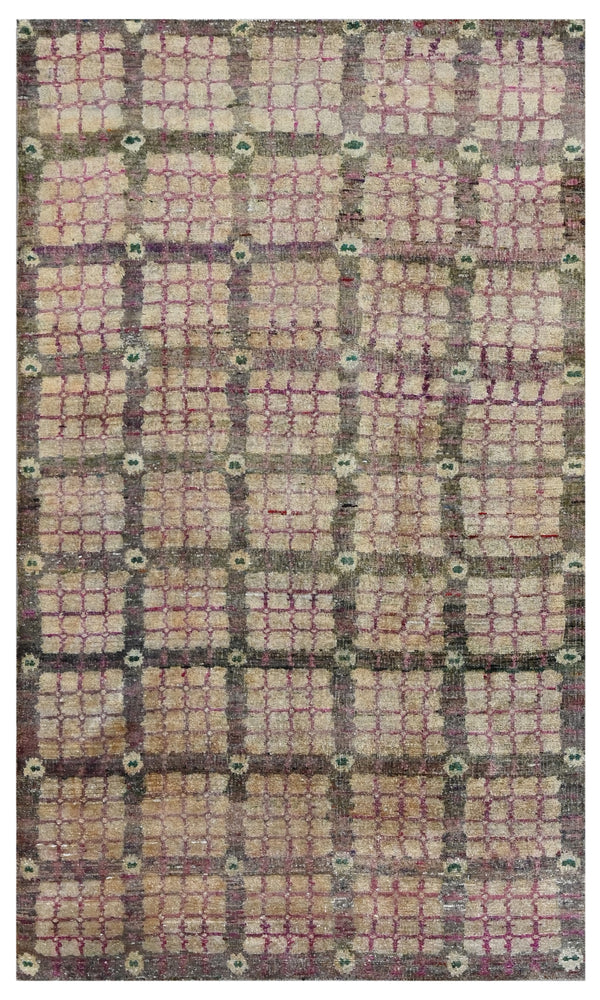 Brown Red Geometric Grid Hand Knotted Silk Area Rug