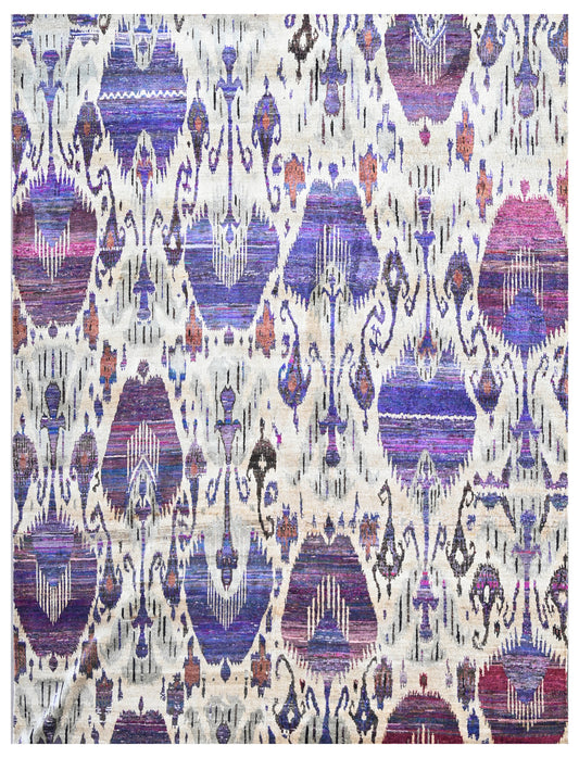 Ivory Purple Ikat Abstract Hand Knotted Silk Area Rug