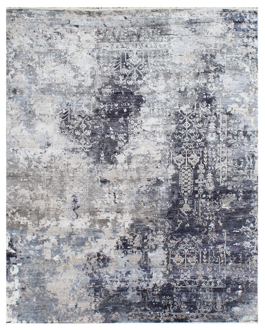 Grey Silver Hand Knotted Distressed Traditional Area Rug