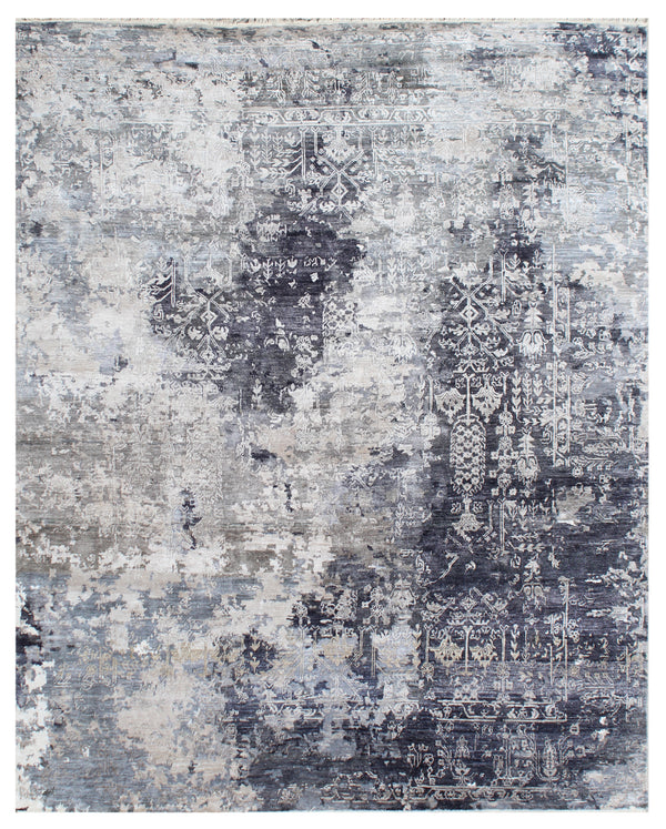 Grey Silver Hand Knotted Distressed Traditional Area Rug