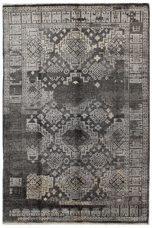 Charcoal Grey Hand Knotted Tribal Geometric Transitional Rug