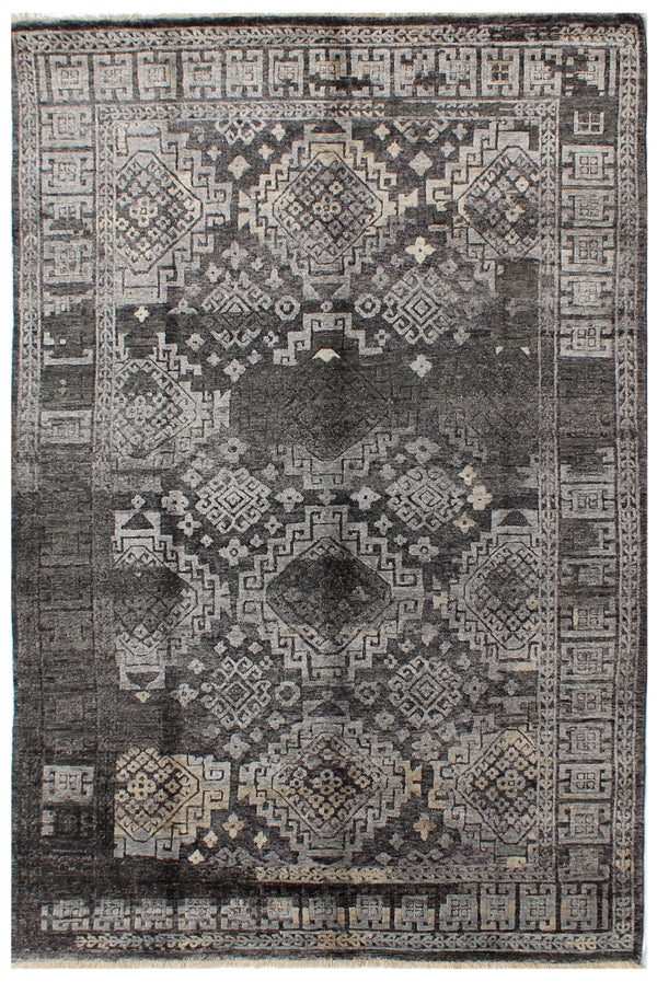 Charcoal Grey Hand Knotted Tribal Geometric Transitional Rug