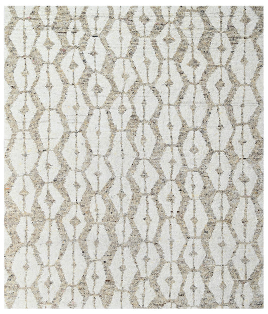 Ecru Cream Geometric Diamond Hand Knotted Wool Rug
