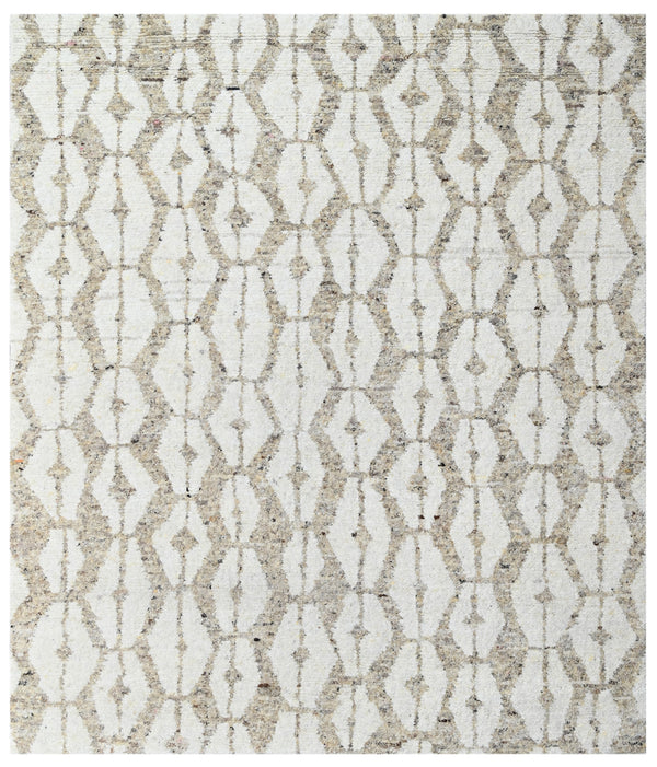 Ecru Cream Geometric Diamond Hand Knotted Wool Rug