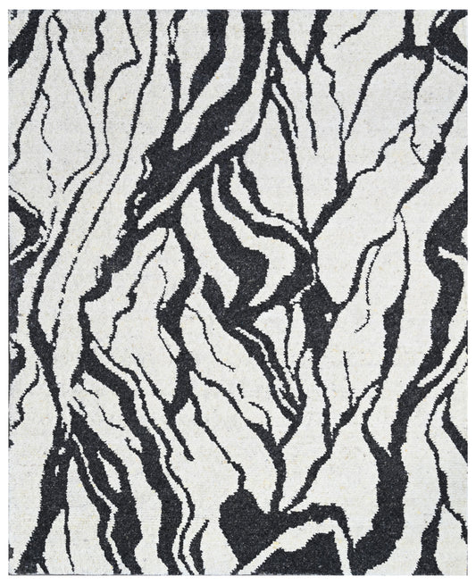 Grey White Zebra Stripe Hand Knotted Wool Rug