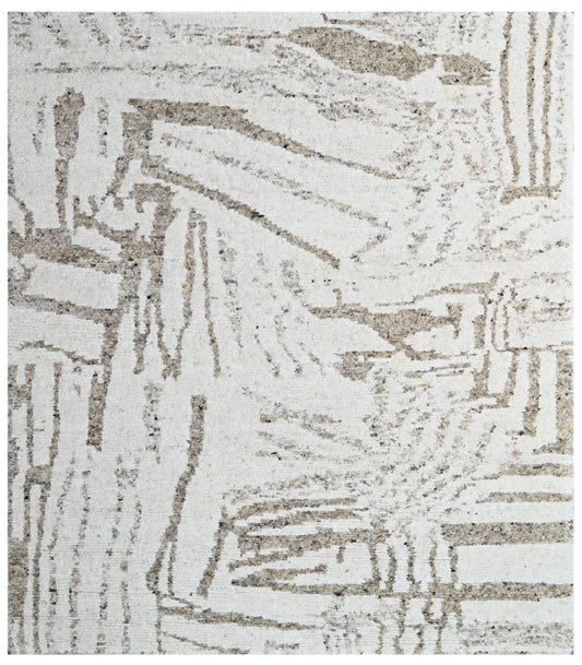 Beige White Abstract Textured Hand Knotted Wool Rug