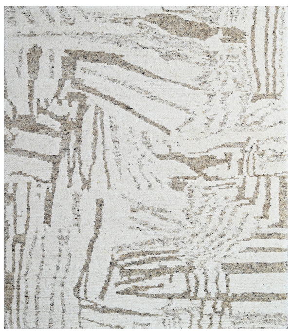 Beige White Abstract Textured Hand Knotted Wool Rug