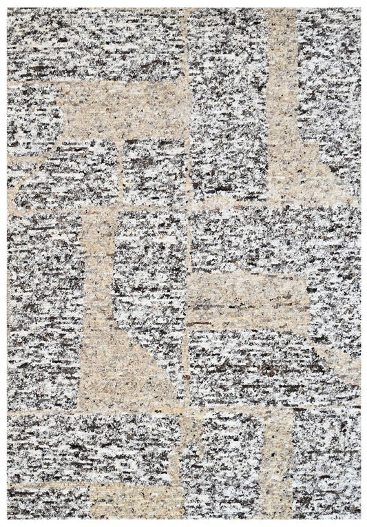 Beige Charcoal Geometric Abstract Hand Knotted Wool Rug