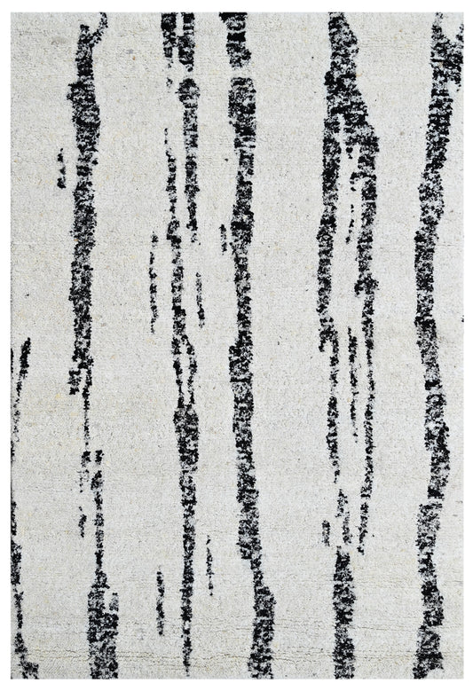 Black White Abstract Stripe Hand Knotted Wool Rug
