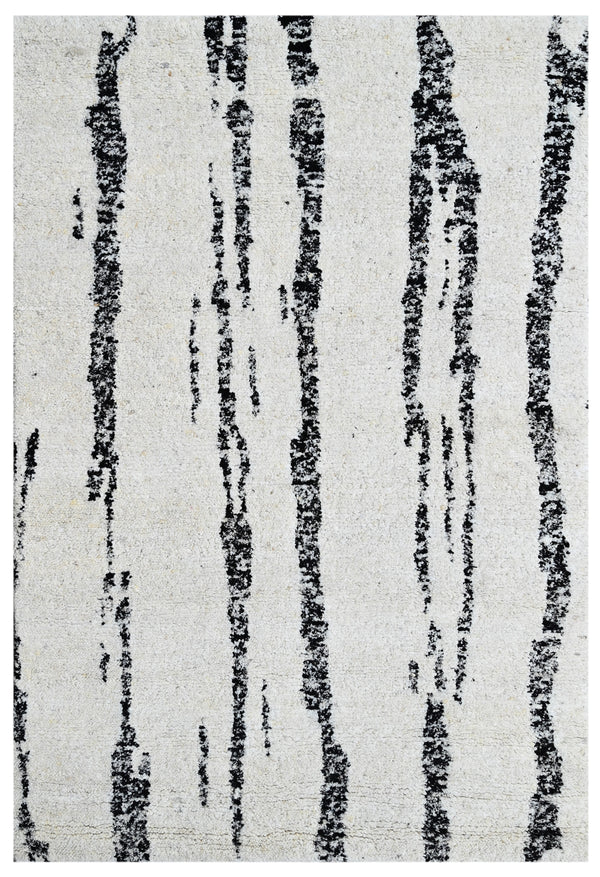 Black White Abstract Stripe Hand Knotted Wool Rug