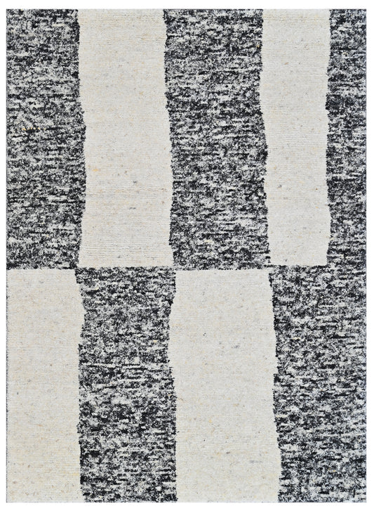 Grey Cream Checkerboard Abstract Hand Knotted Wool Rug