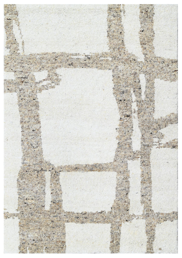 Beige Ivory Abstract Grid Hand Knotted Wool Rug