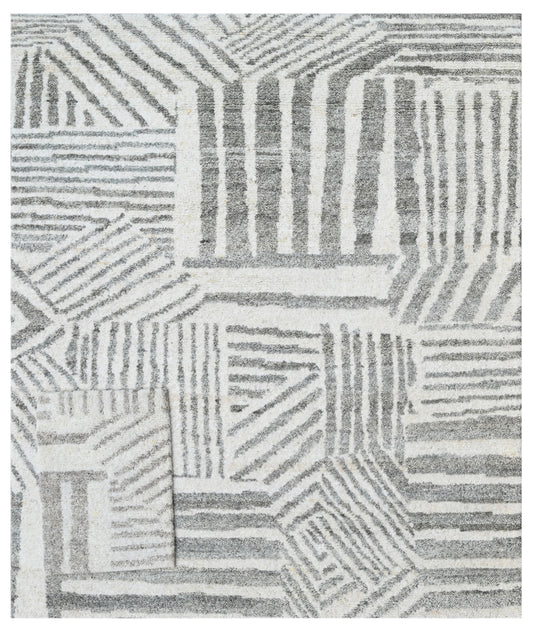 White Beige Geometric Abstract Hand Knotted Wool Rug