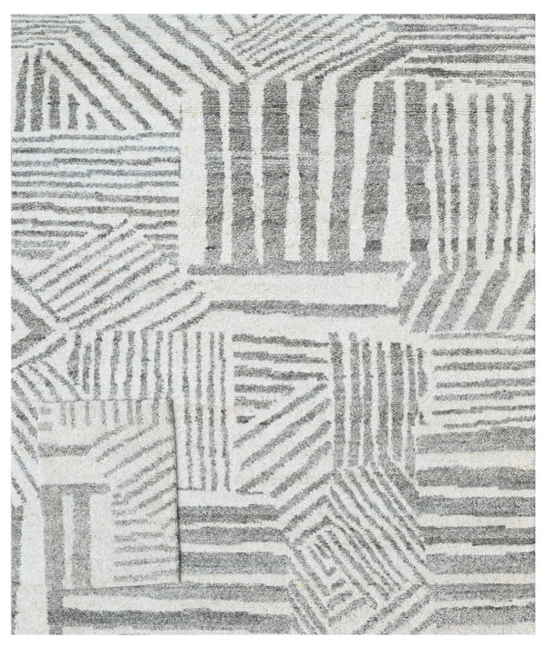 White Beige Geometric Abstract Hand Knotted Wool Rug