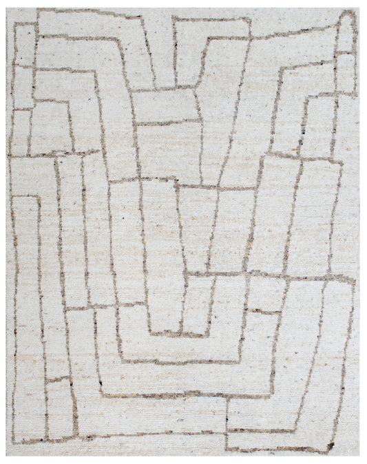 White Natural Abstract Geometric Hand Knotted Wool Rug