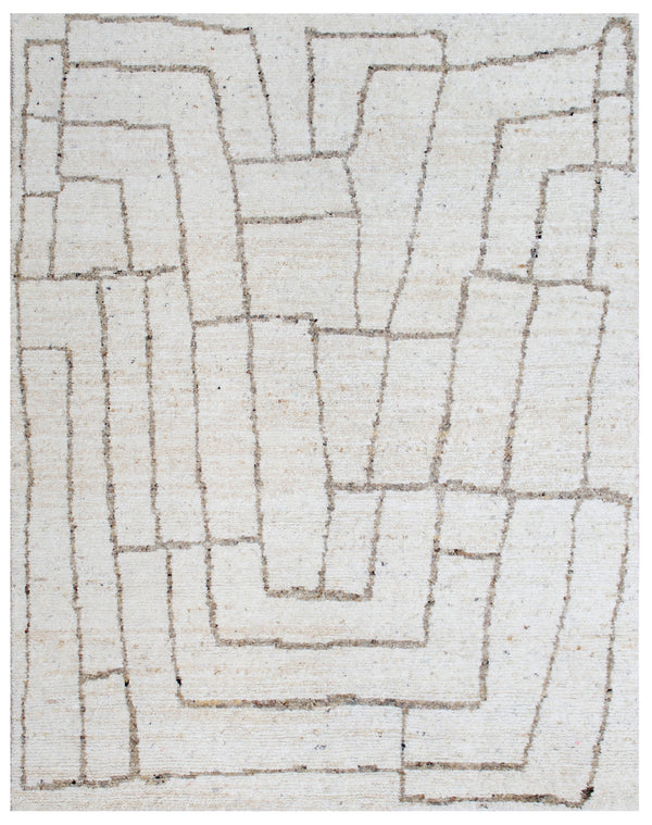 White Natural Abstract Geometric Hand Knotted Wool Rug