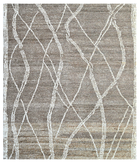 Beige White Organic Trellis Hand Knotted Wool Rug