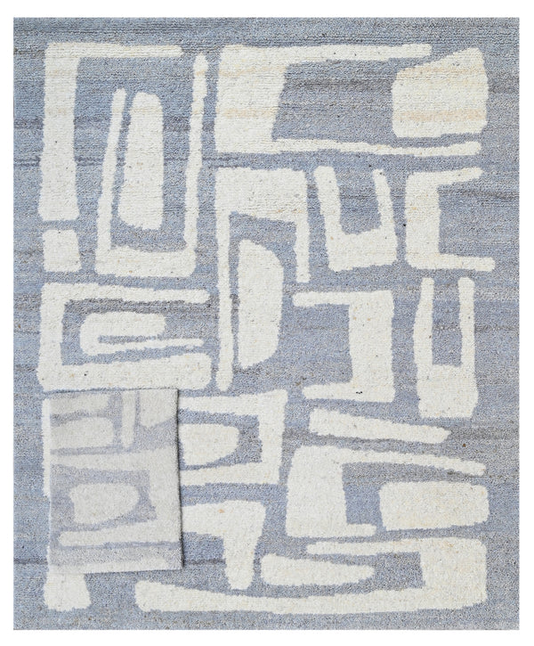 Grey White Geometric Abstract Hand Knotted Wool Rug