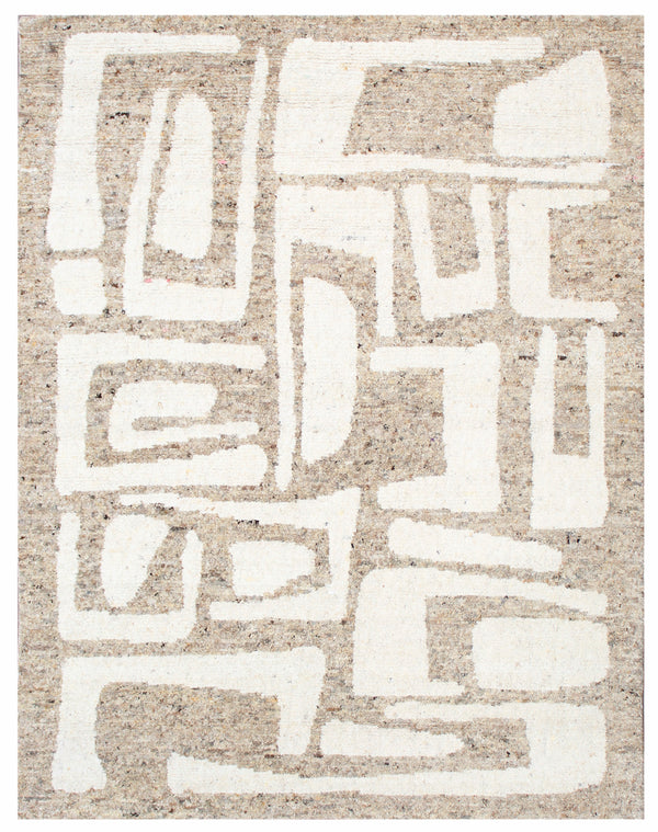 Beige White Geometric Abstract Hand Knotted Wool Rug