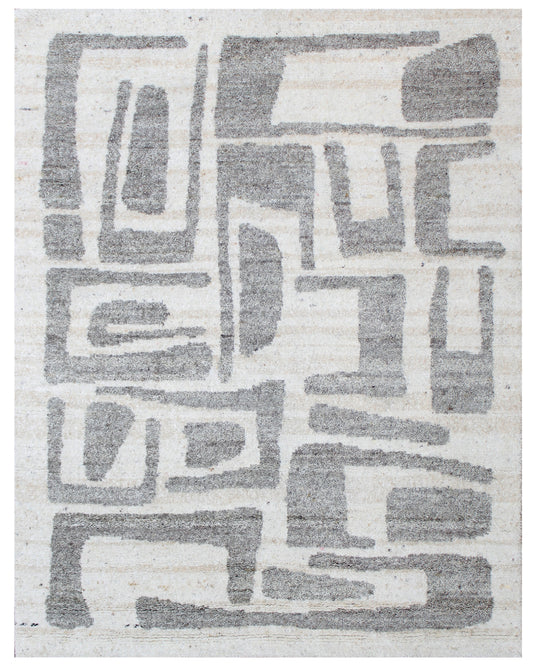 Ivory Grey Geometric Abstract Hand Knotted Wool Rug