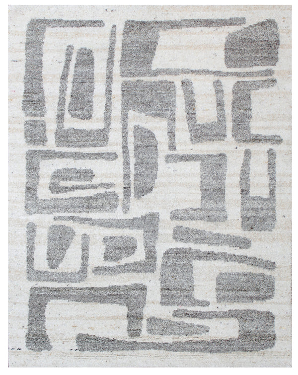 Ivory Grey Geometric Abstract Hand Knotted Wool Rug