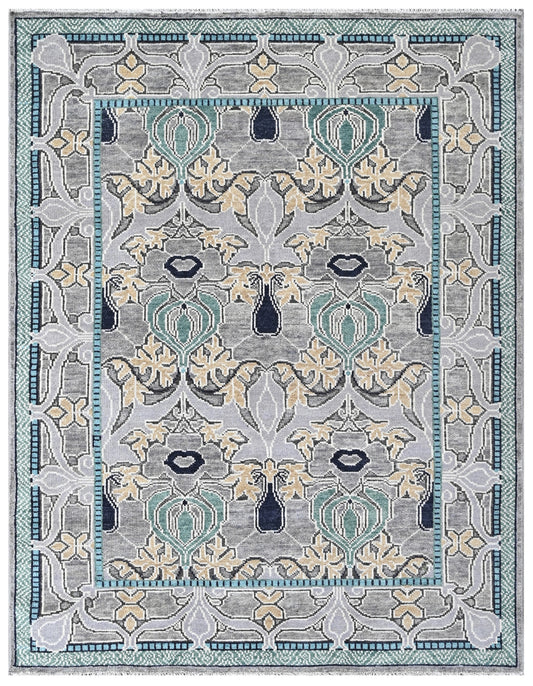 Pewter Grey Arts & Crafts Hand Knotted Wool Area Rug