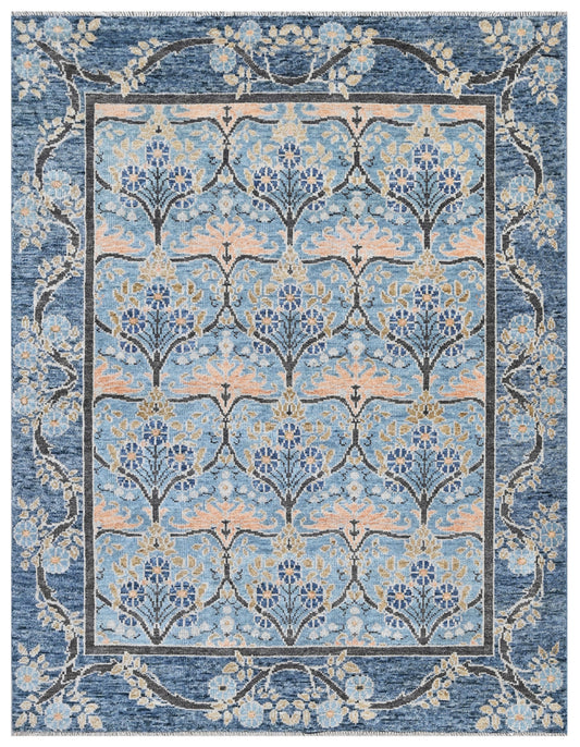 Sky Blue Wool Hand Knotted Arts & Crafts Floral Area Rug