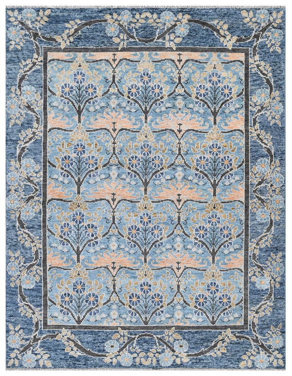 Sky Blue Wool Hand Knotted Arts & Crafts Floral Area Rug