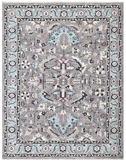 Taupe Grey Hand Knotted Oushak Medallion Wool Area Rug
