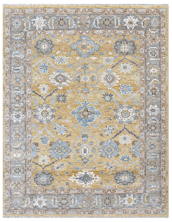 Gold Traditional Oushak Medallion Hand Knotted Wool Rug