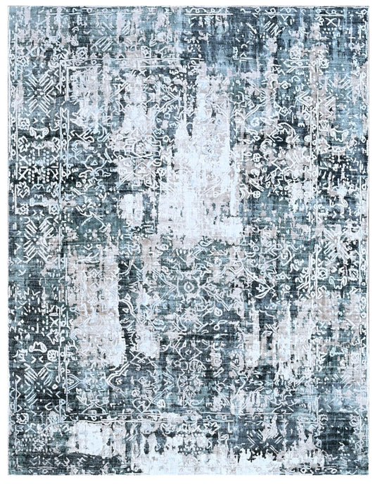 Beige Blue Distressed Abstract Hand Loom Rug