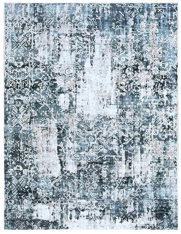 Beige Blue Distressed Abstract Hand Loom Rug