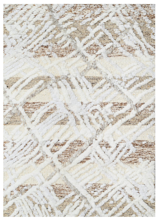 Beige Modern Hand Knotted Hand Carded Wool Area Rug