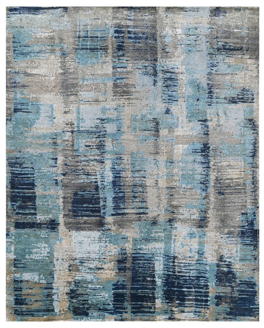 Almond Blue Hand Knotted Wool Abstract Striated Rug