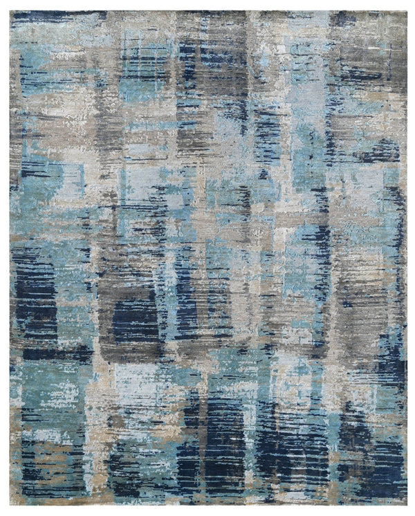 Almond Blue Hand Knotted Wool Abstract Striated Rug